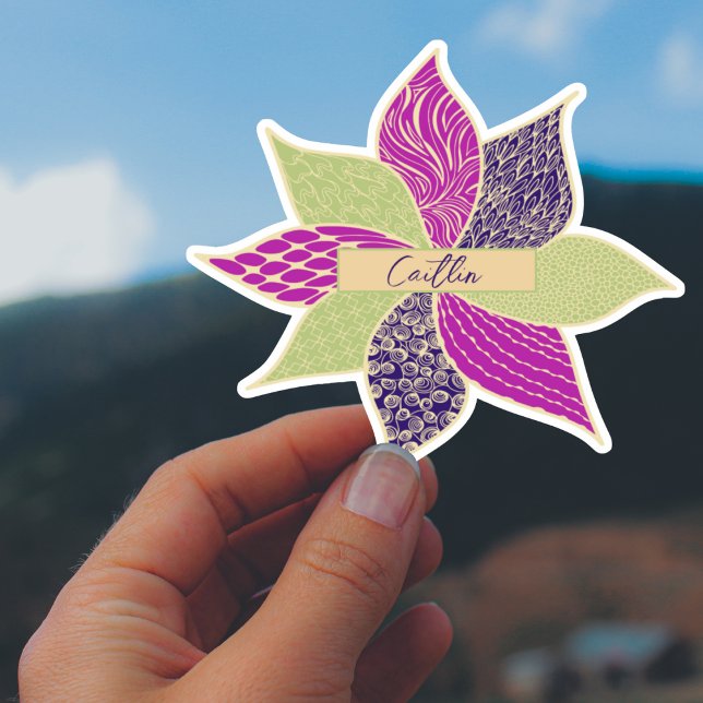 Personlig Lycklig Flower Namn-fästare Klistermärken (Personalized Happy Flower Custom Cut Sticker in Purple and Green)