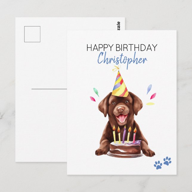 Personlig lycklig födelsedag för Chocolate Lab-hun Vykort (Fram/baksida)