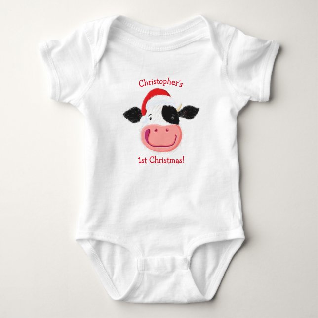 Personlig Lycklig Holstein Cow 1:a julen T Shirt (Framsida)