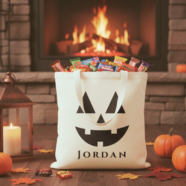 Personlig Lycklig Jack-O-Lantern Ansikte Halloween Tygkasse (Personalized Happy Jack-O-Lantern Face Halloween Tote Bag - Just add your trick-or-treater's name!)