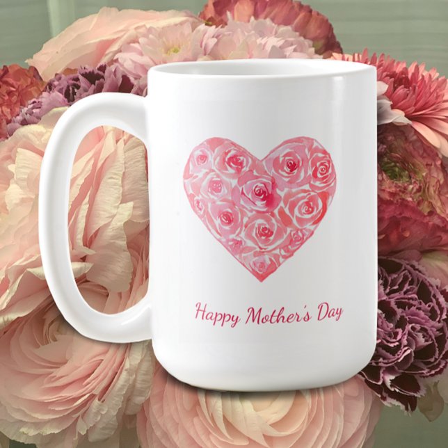 Personlig Lycklig Mors dag Watercolor Ro Kaffemugg (Custom Mother’s Day gift mug. Add your names and personalize this original watercolor rose heart mug)