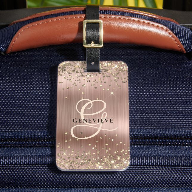 Personlig lyxstil falskt rosa guld glitter bagagebricka (Framsida Insitu 2)