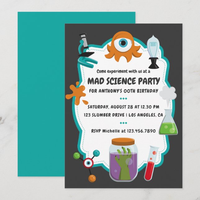 Personlig Mad Science Födelsedagsfest inbjudan (Fram/baksida)