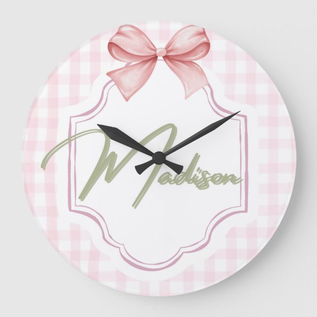 Personlig Madison Flicka Nursery Bow&Gingham Stor Klocka (Framsida)
