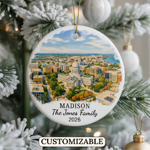 Personlig Madison-ornament, Anpassad Wisconsin Julgransprydnad Keramik
