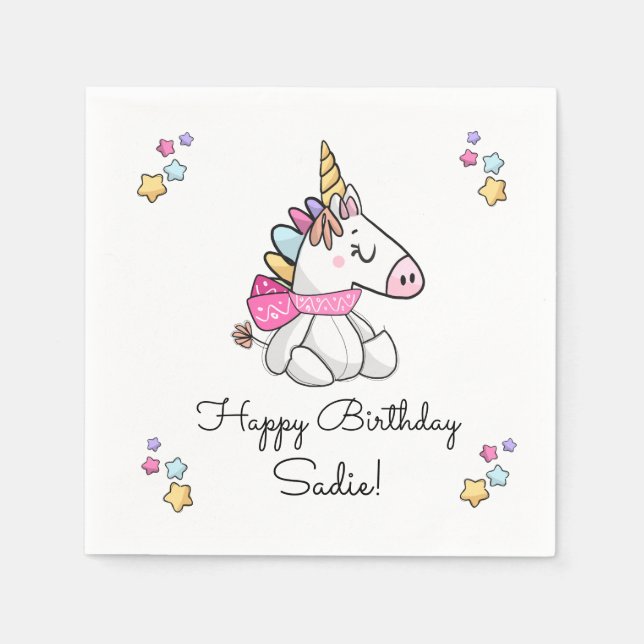 Personlig Magic Stuffed Unicorn Birthday Pappersservett (Framsidan)