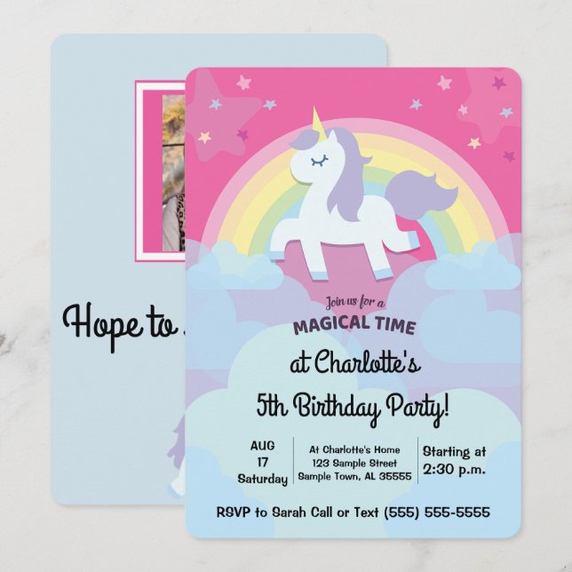 Personlig Magic Unicorn Birthday med Photo Inbjudningar (Fram/baksida)