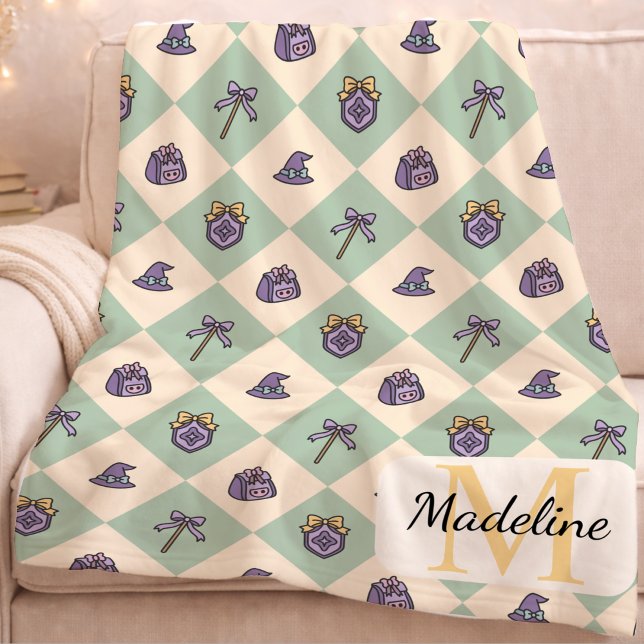 Personlig magikerskola monogramnamn grön fleecefilt (Skapare uppladdad)