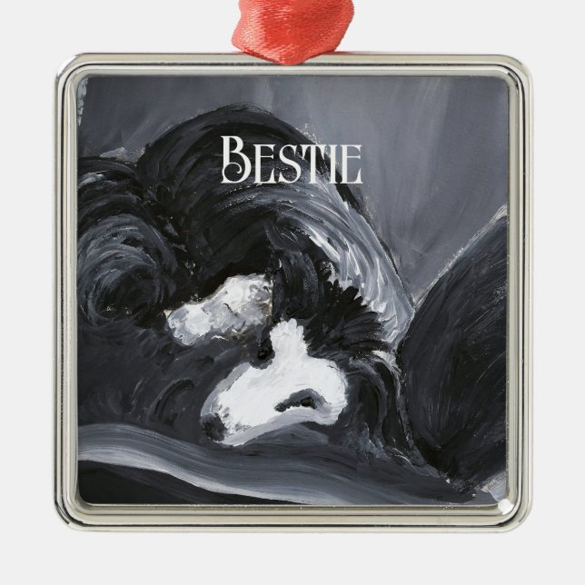 Personlig målning av Border Collie som ligger ner Julgransprydnad Metall (Framsidan)