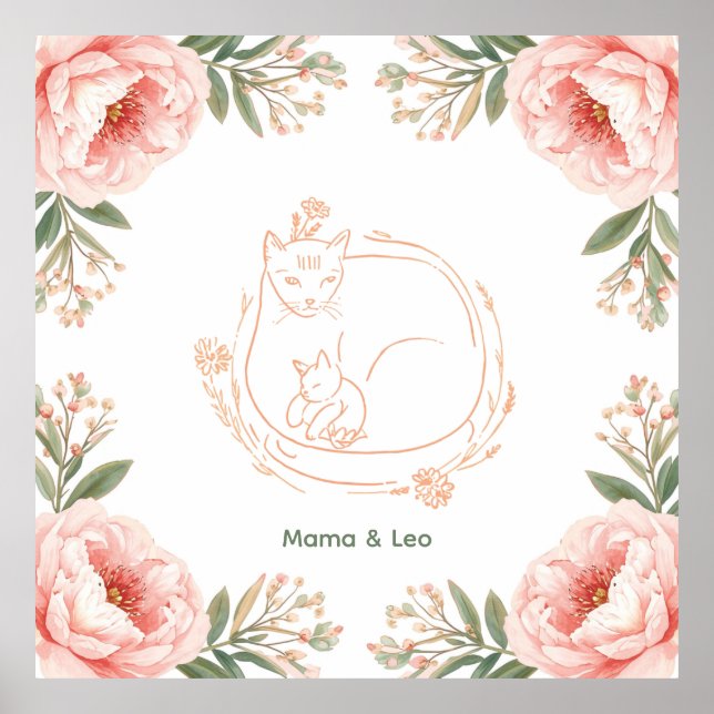 Personlig Mama Cat & Kitten Blommig Poster (Framsidan)
