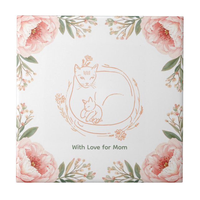 Personlig Mama Katt & Kittel Blommig Mors Dag Kakelplatta (Framsidan)