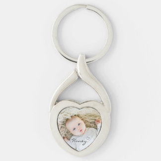 personlig mamma-gåva, Anpassningsbar-familjfoto på Twisted Heart Silverfärgad Nyckelring