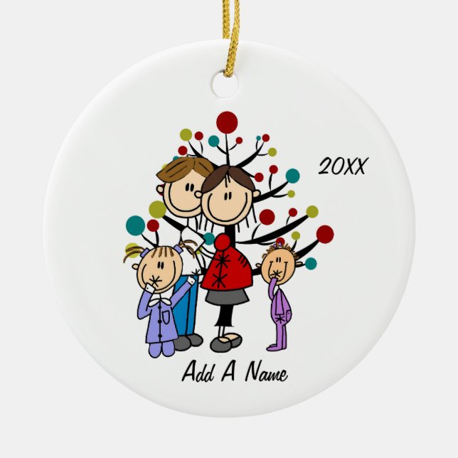 Personlig Mamma, Pappa, två flickor Julgransprydnad Keramik (Framsidan)