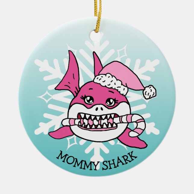 Personlig Mamma Shark and Snowflake Julgransprydnad Keramik (Framsidan)