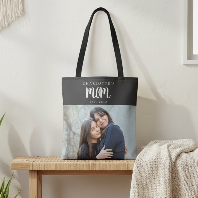 Personlig Mammas Minne från Barnets Foto Namn Tygkasse (modern minimal black tote bag gift for mothers day from kids teen to mom with name and year est.)