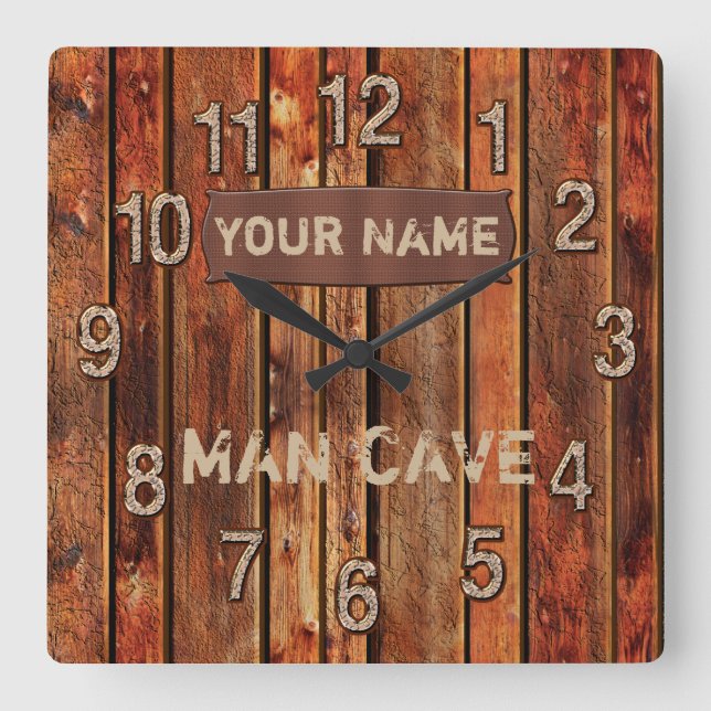 PERSONLIG Man Cave Wall Clock med ditt namn Fyrkantig Klocka (Framsida)