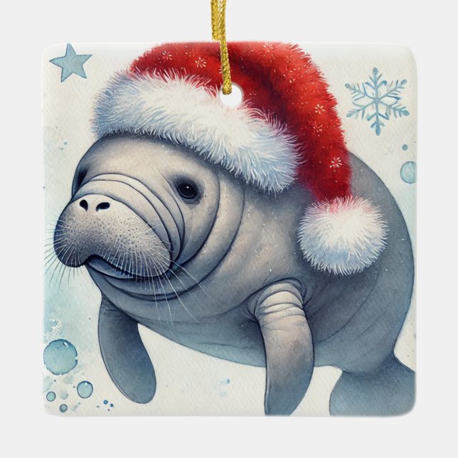 Personlig Manatee med Santa Hat Julgransprydnad Keramik (Framsida)