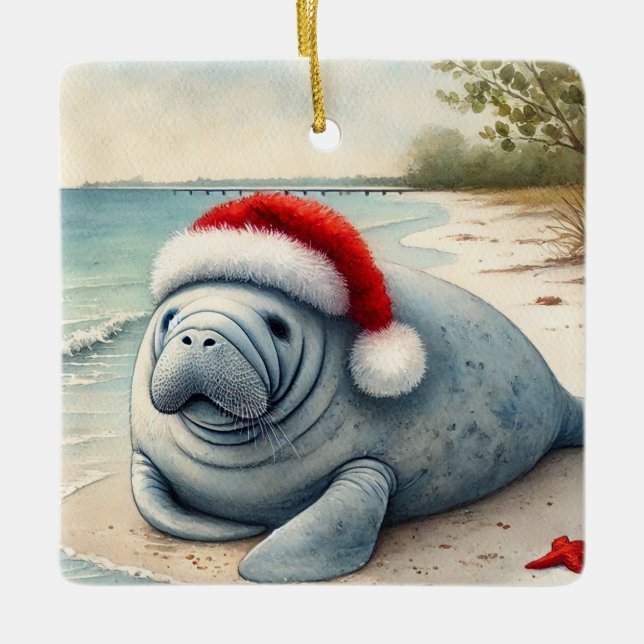 Personlig Manatee med Santa Hat Julgransprydnad Keramik (Framsida)