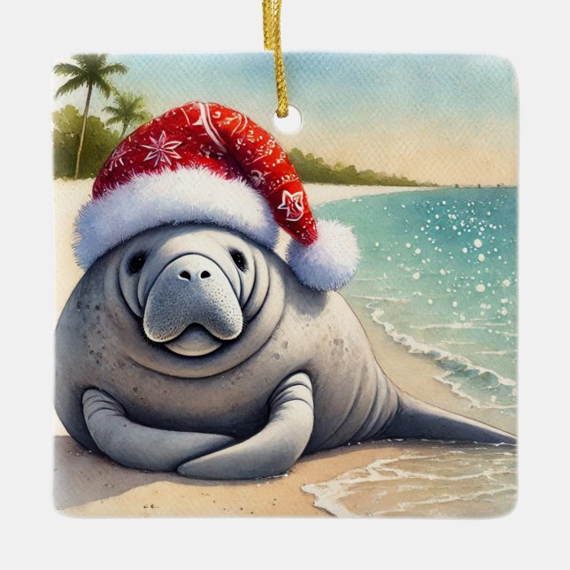 Personlig Manatee vid jul Julgransprydnad Keramik (Framsida)