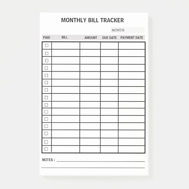 Personlig månatlig Bill Tracker Post-it Block (Framsida)