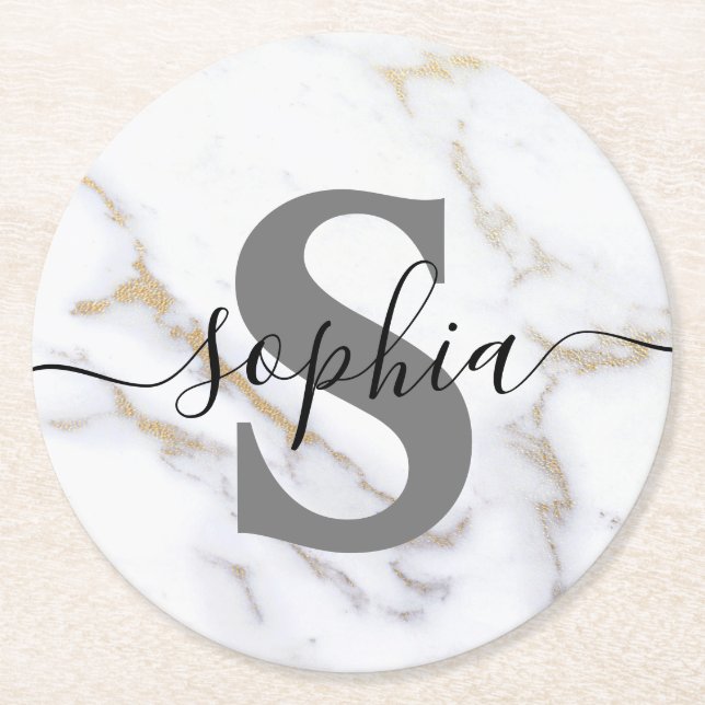 Personlig Marble Monogram Anpassningsbar Text Mode Underlägg Papper Rund (Framsidan)