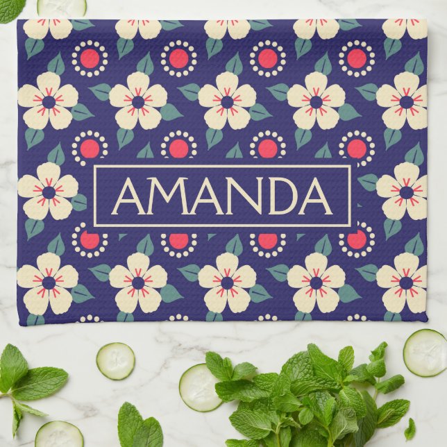 Personlig marinblå blommig kökshandduk (Vikta)