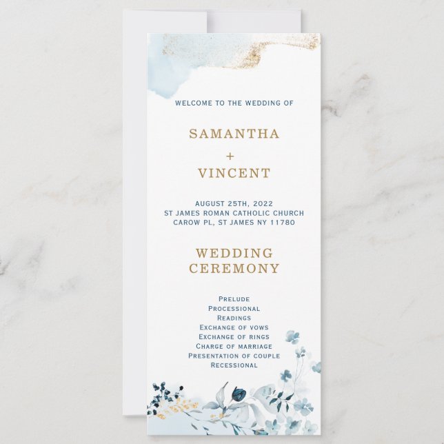 Personlig marinblå och guldprogrammall inbjudningar (Framsida)