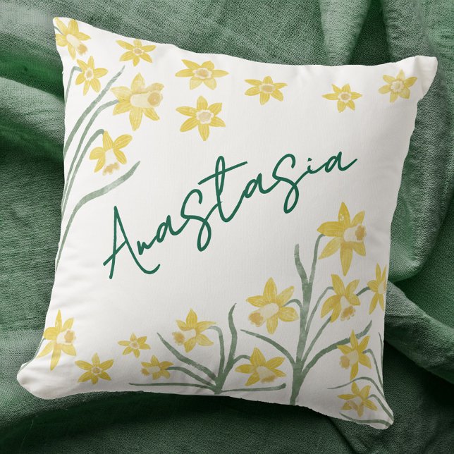 Personlig mars födelsemånad Narciss Blomma Kudde (March Birth Month Flower daffodil personalized custom name script font watercolor birthday pillow)