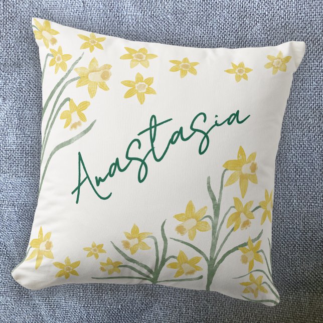 Personlig mars födelsemånad Narciss Kudde (March Birth Month Flower daffodil personalized custom name script font watercolor birthday pillow)
