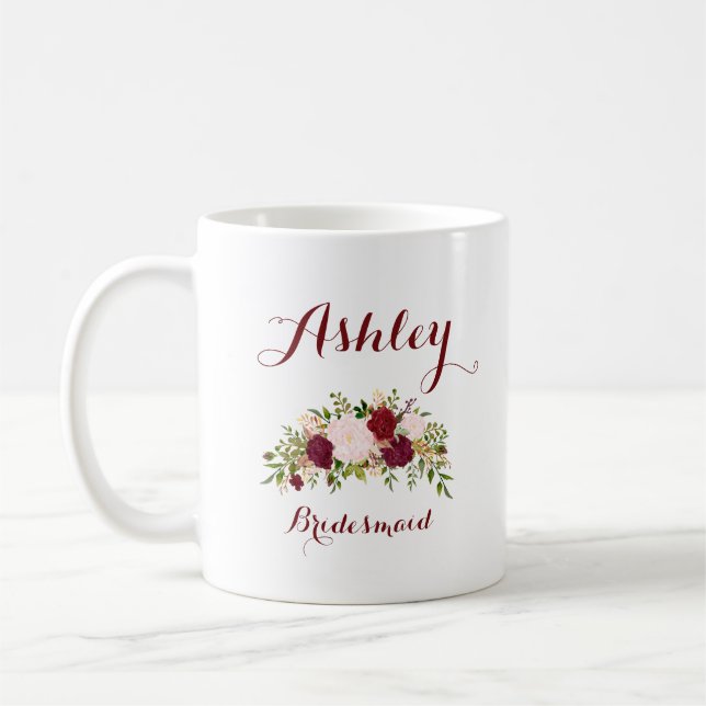 Personlig Marsala Rosa Blommigt Bridesmaid Kaffemugg (Vänster)