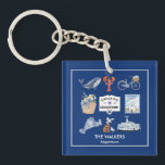 Personlig Martha's Vineyard Watercolor Icons<br><div class="desc">Personlig Preppy Martha's Vineyard Icons Keychain,  lägg till ditt namn,  din vinodöstad! Perfektens sommarsemesterhemskedja! Kedjan Marthas Vineyard med vineyard-ikoner: val,  hummer,  cykel,  ingång i gårdstecken,  vinodlingsfärja,  vinodlingsyresiluette,  fyr frimärke,  vinodling basket</div>