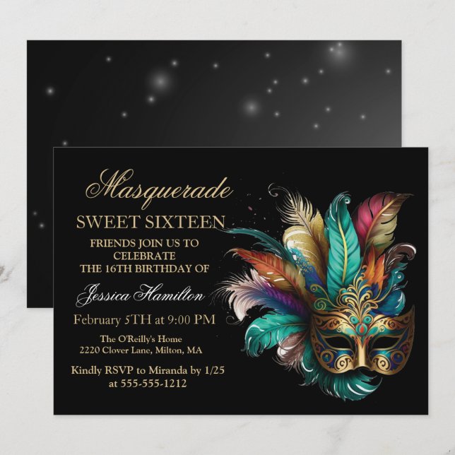 Personlig maskeradmask teal glitter Sweet 16 Inbjudningar (Fram/baksida)