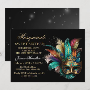 Personlig maskeradmask teal glitter Sweet 16 Inbjudningar