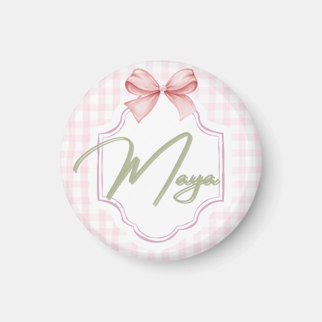 Personlig Maya Flicka Nursery Bow&Gingham Magnet (Framsidan)