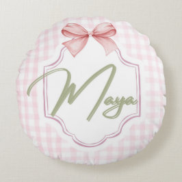 Personlig Maya Flicka Nursery Bow&Gingham Rund Kudde