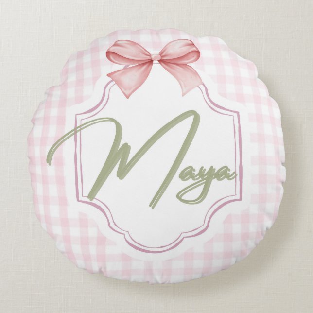 Personlig Maya Flicka Nursery Bow&Gingham Rund Kudde (Framsidan)