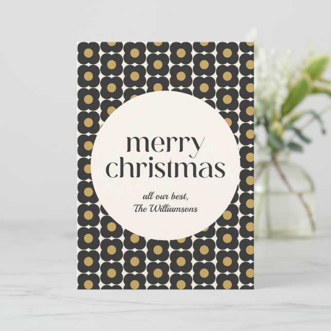 Personlig MCM Retro Blomma Svart Guld Jul Julkort (Stående Fram)