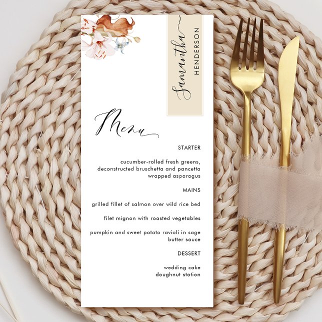 Personlig med Guest Namn, Beige Earthy Blooms Meny (Skapare uppladdad)