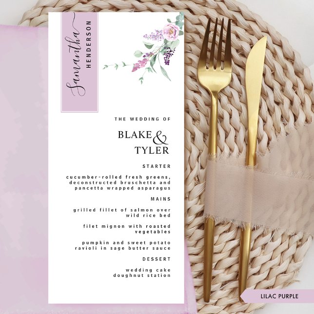 Personlig med Guest Namn, Lilac Blommigt Bröllop Meny (Skapare uppladdad)