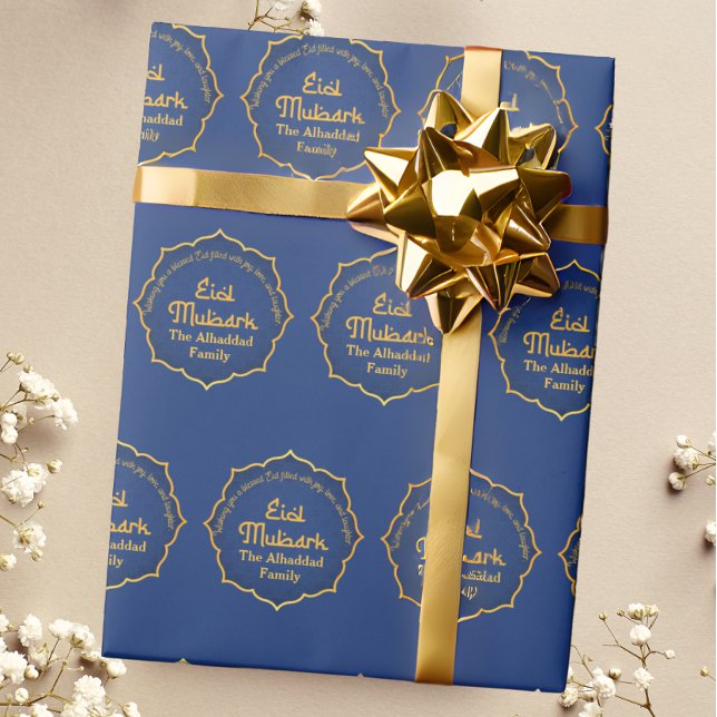Personlig med Namn Blue och Guld Eid Mubarak Presentpapper (Skapare uppladdad)