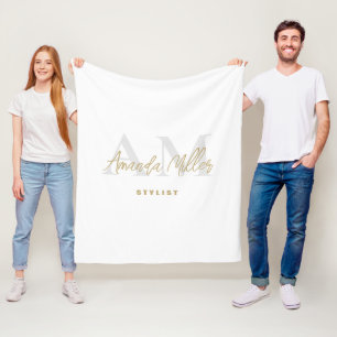 Personlig med Namn White Guld Modern Monogram Fleecefilt