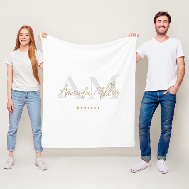 Personlig med Namn White Guld Modern Monogram Fleecefilt (På plats)