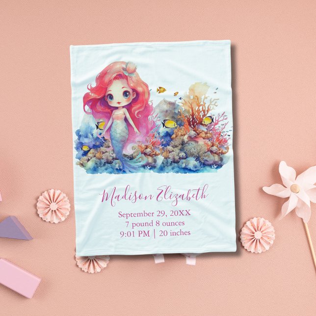 Personlig Mermaid Baby Shower-babypresent för flic Fleecefilt (Mermaid Sea Life Birth Stats Baby Shower New Baby Gift Baby Blanket for Baby Girl)