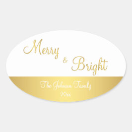 Personlig Merry and Bright Oval Guld Stickers Ovalt Klistermärke