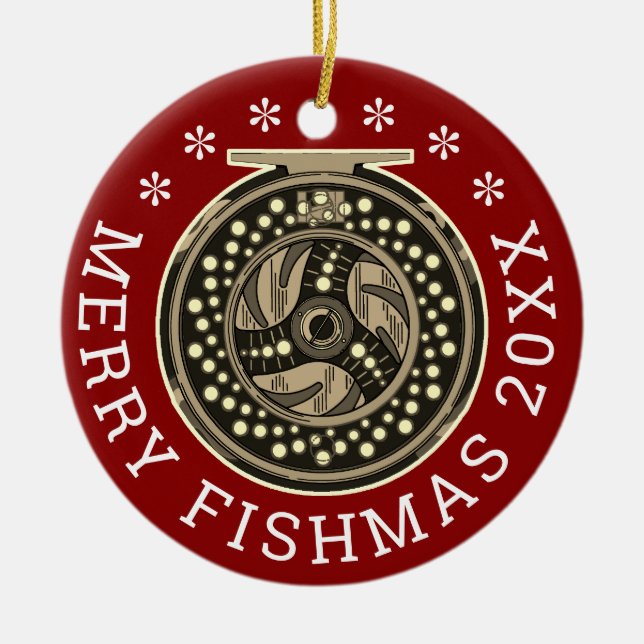 Personlig "Merry Fishmas" Flygfiske Anglers's Julgransprydnad Keramik (Framsidan)