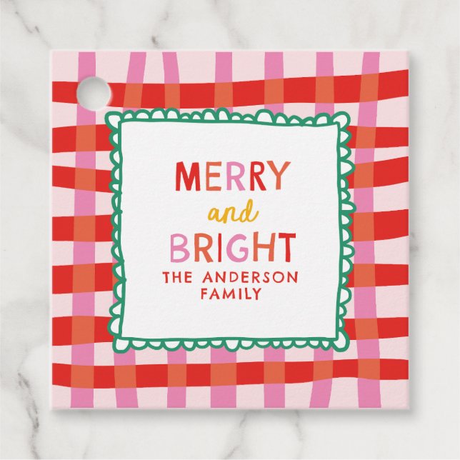 Personlig Merry och Bright Red Checkered Gåvor Etiketter (Framsida)