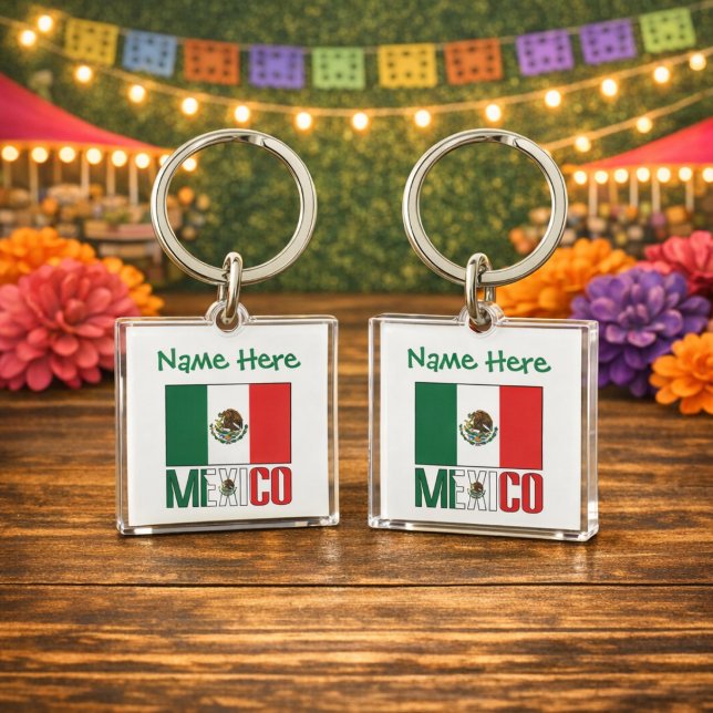 Personlig Mexiko Flagga Fyrkantig Akryl (Personalized acrylic square keychain with Mexican flag and MEXICO, Name in green text above.)