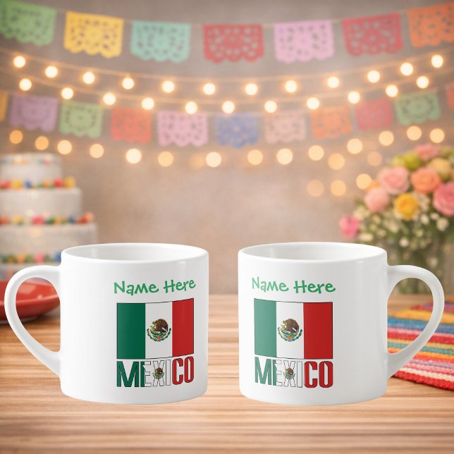 Personlig Mexiko Flagga Namn Design Espressomugg (Personalize espresso cup has Mexican Flag, MEXICO below in flag colors. Name above. Design 2 sides.)