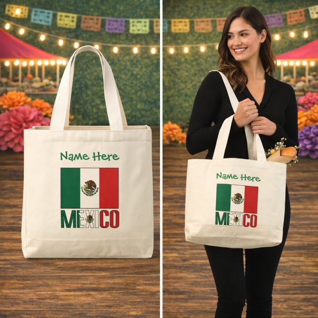 Personlig Mexikoflaggdesign Jumbo Tygkasse (Personalized large tote bag has Mexican flag and MEXICO with name above. Design on both sides.)