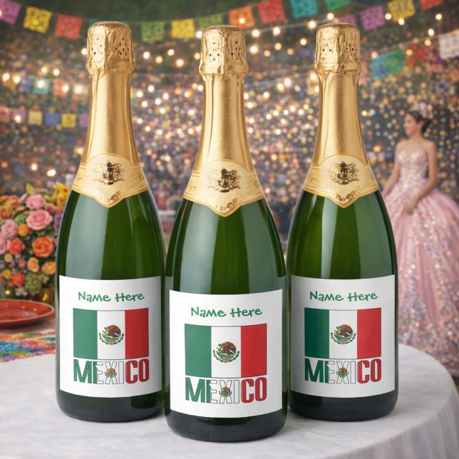 Personlig Mexikos flagga (Personalized champagne bottle labels have Mexican Flag, MEXICAN below in flag colors. Add name above)